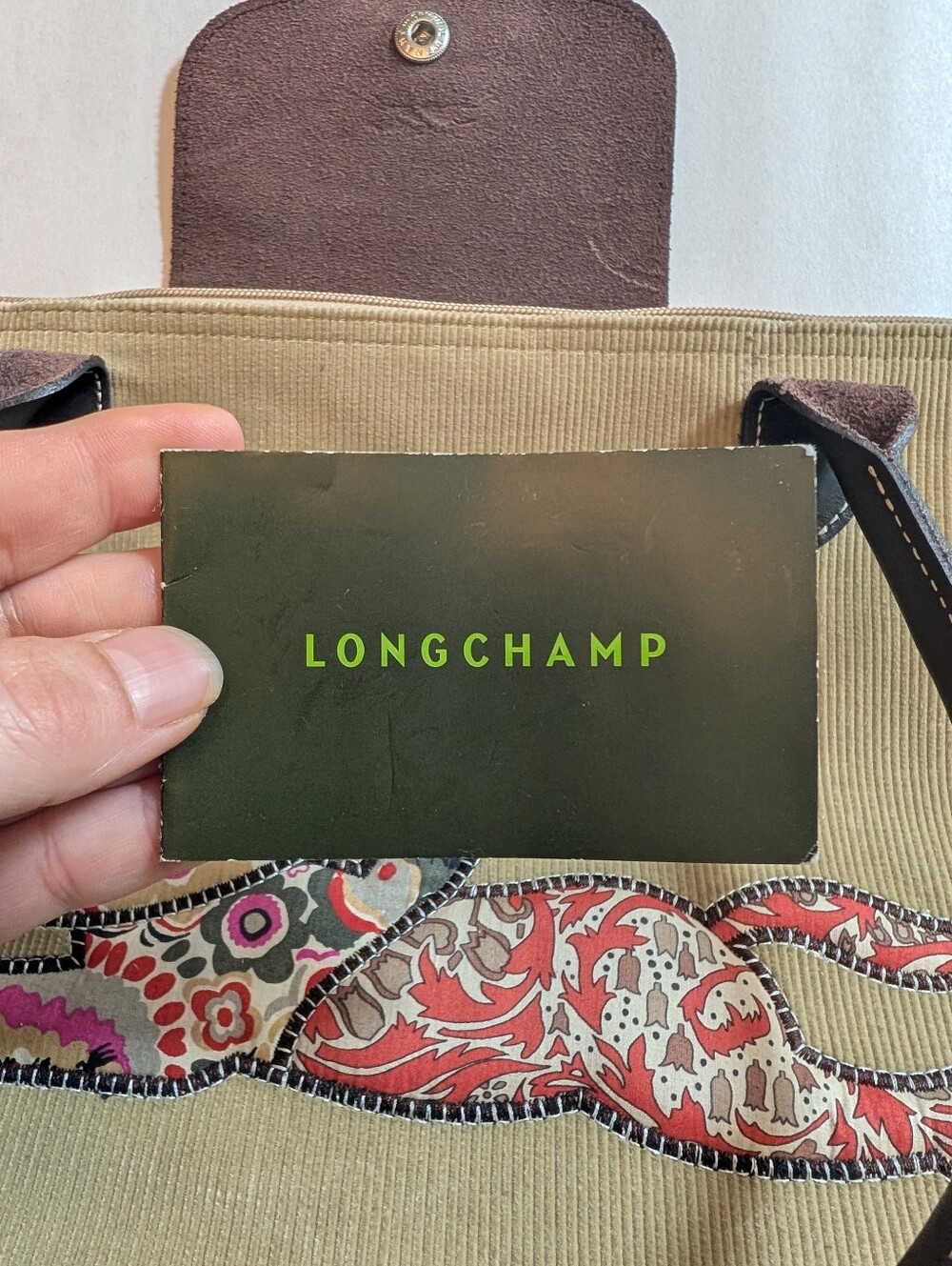 Longchamp Victoire Patchwork Corduroy Med Beige and Brown Leather Trim Tote - Picture 11 of 13